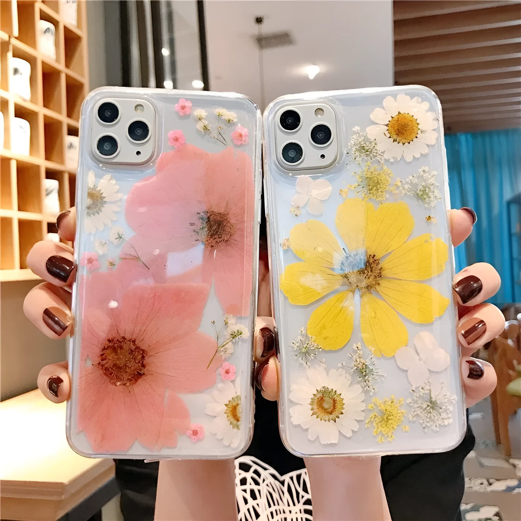 Pink and yellow floral print TPU back cover case for iPhone on a white background