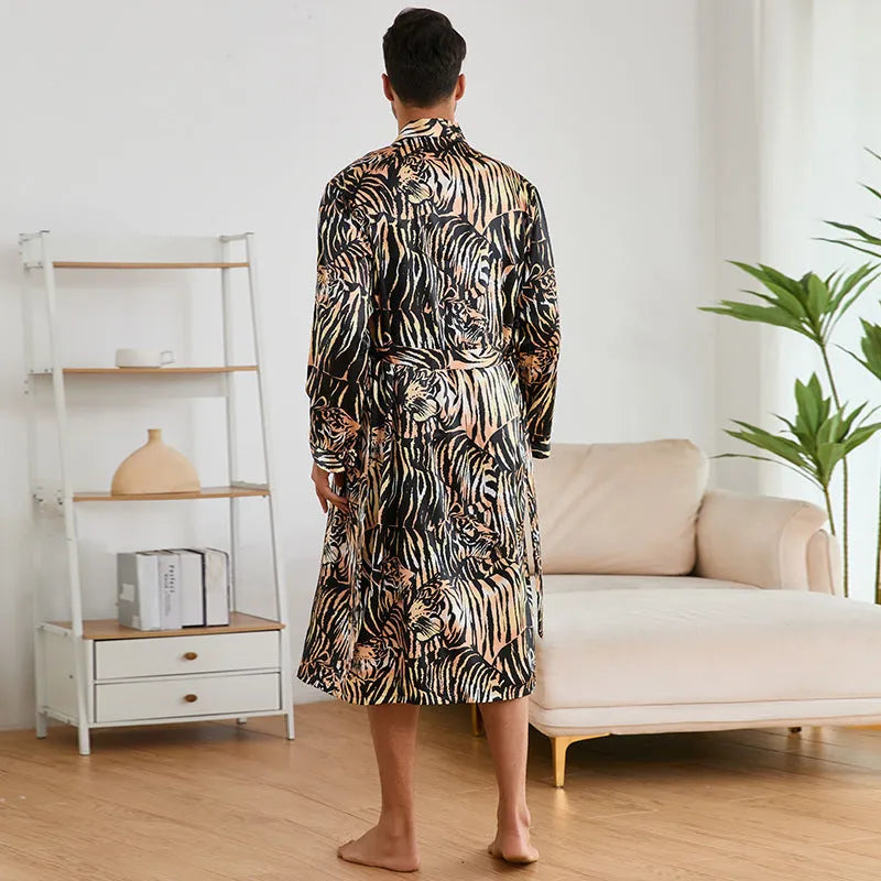 Men's tiger pattern ice silk bathrobe set with long sleeve robe and matching trousers