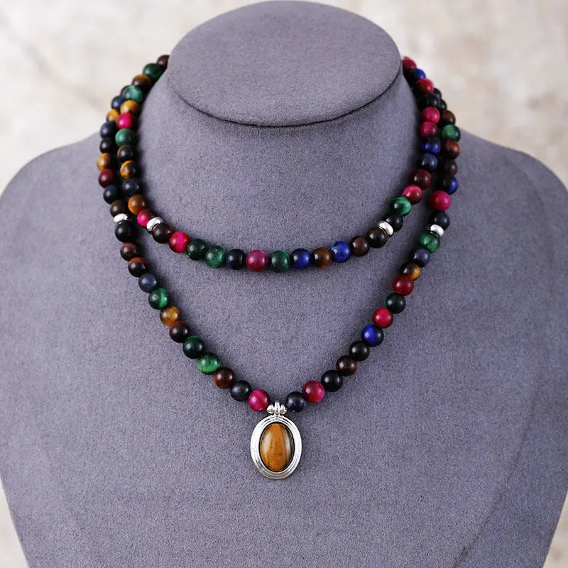 Natural stone 108 pendant meditation necklace with tiger-eye colour gemstones and symbolic designs