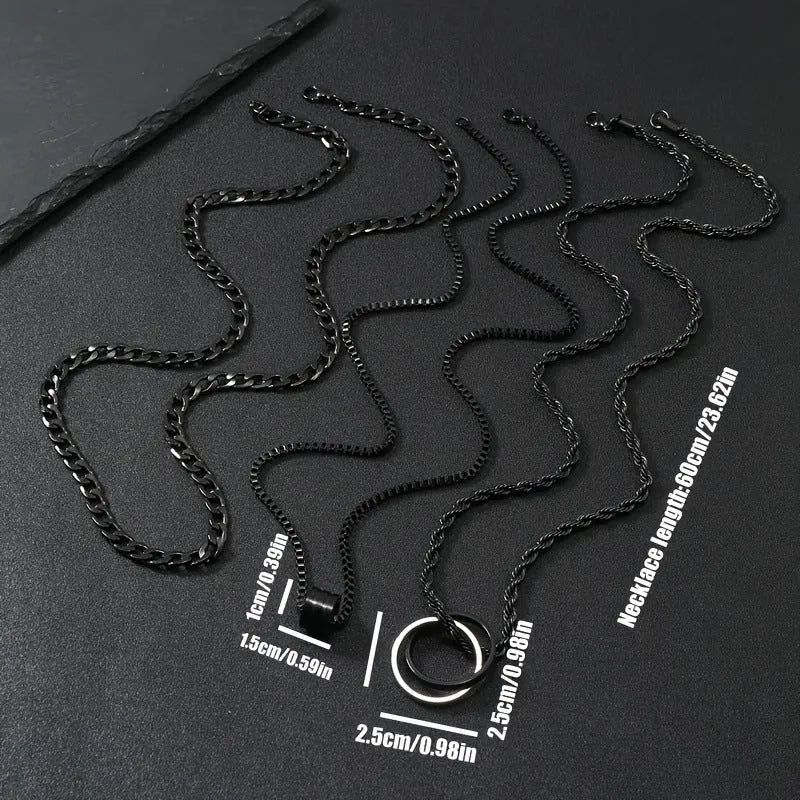 Men's black titanium steel necklace set with geometric cylindrical ring buckle pendant