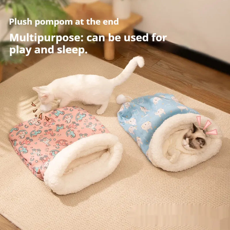 Cotton flannel cat sleeping bag nest in pink Trojan design, measuring 50cm by 40cm.