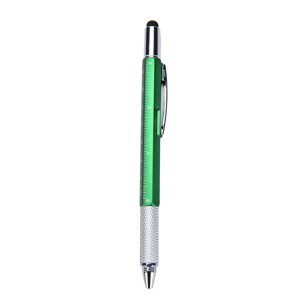 Black 6 in 1 multi-function touch screen stylus ballpoint pen with spirit level and screwdriver tips on white background