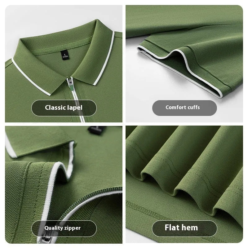 Men's solid colour short sleeve polo shirt with a zip front, shown in beige apricot.