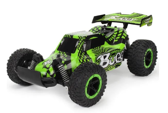 Blue 1:18 scale remote control drift car with 2.4GHz transmitter on a hard surface