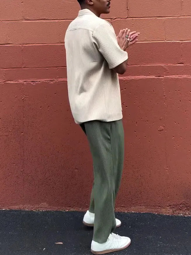 Men's green pleated casual trousers ankle-length regular fit