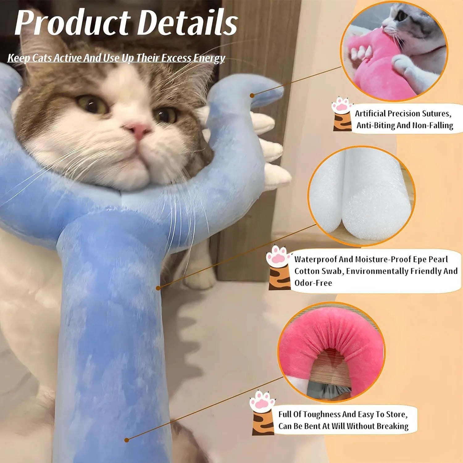 Blue plush cat wand toy with foam-filled front section, 70cm length