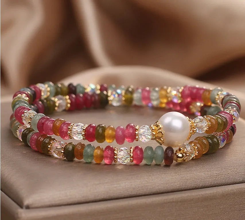 Natural stone tourmaline beaded crystal bracelet for women ethnic style adjustable jewellery