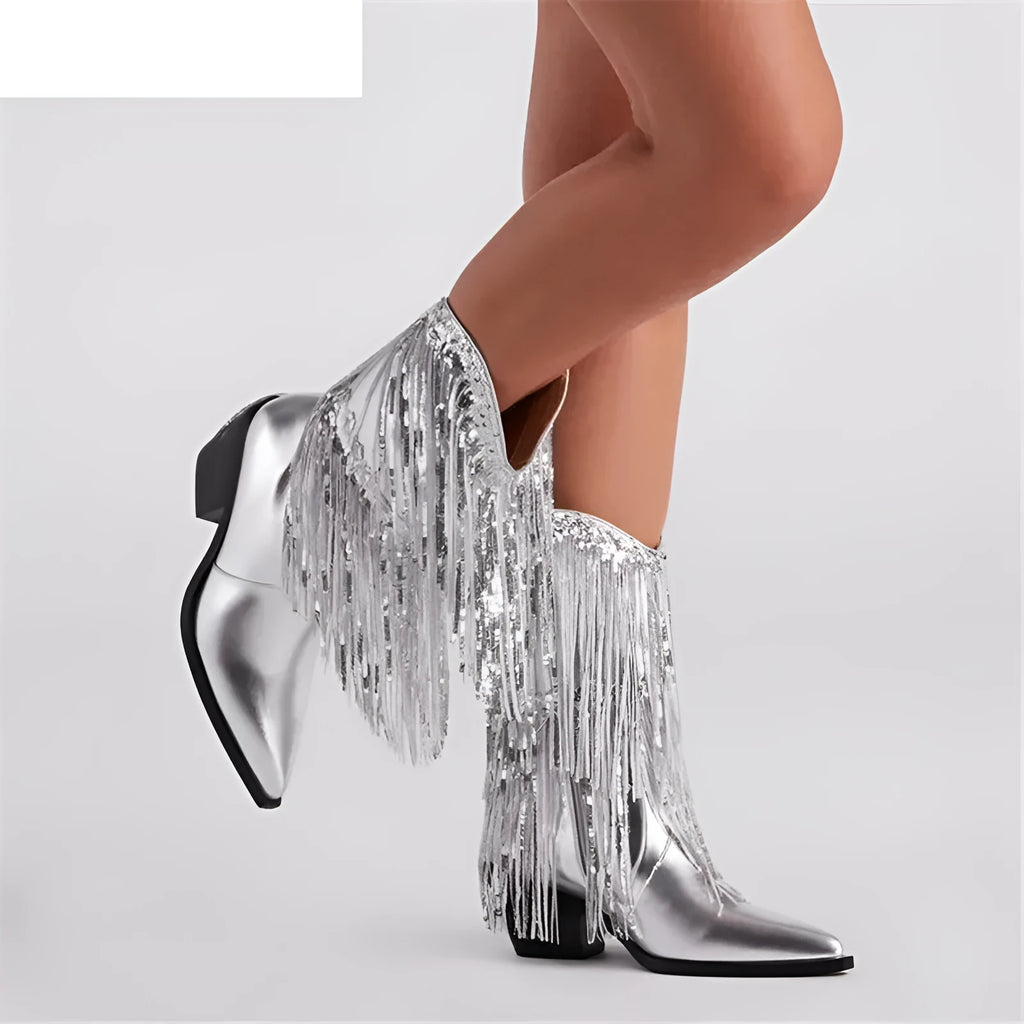Women's black chunky heel tassel boots with stiletto heels above 8cm and pointed toes