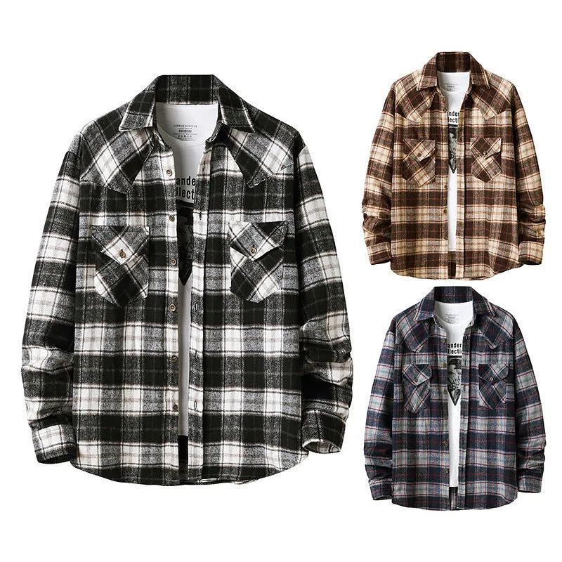 Men's long sleeve flannel plaid shirt jacket in loose fit, brushed material with corduroy collar and cuffs, black colour