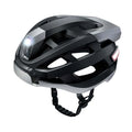 Black and grey smart cycling helmet with integrated Bluetooth and LED warning lights for adult riders