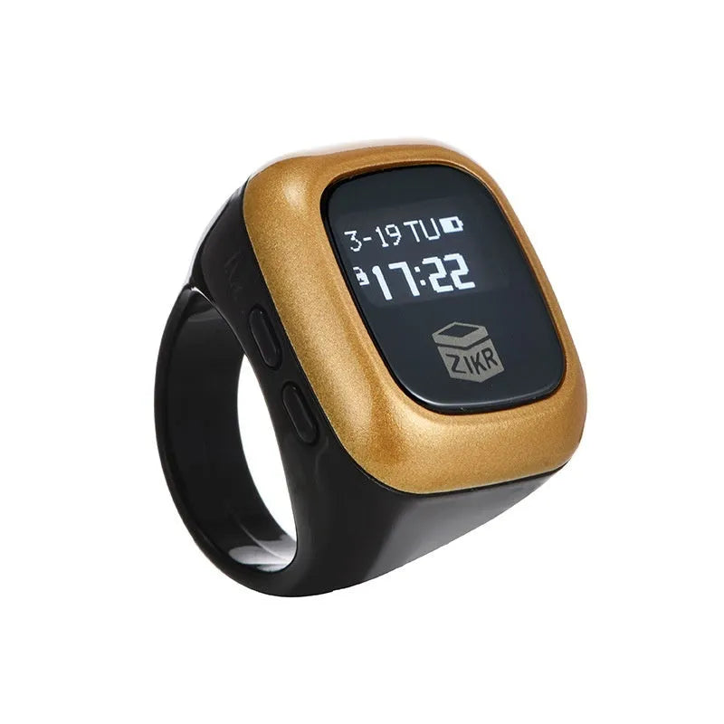 Al-Fatiha Zikr electronic counter with digital display on wrist, shown in Black, Space Gray, and Rose Gold colour options.