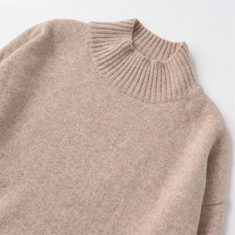 Women's khaki knitted sweater with stand-up collar and colour-block stripes