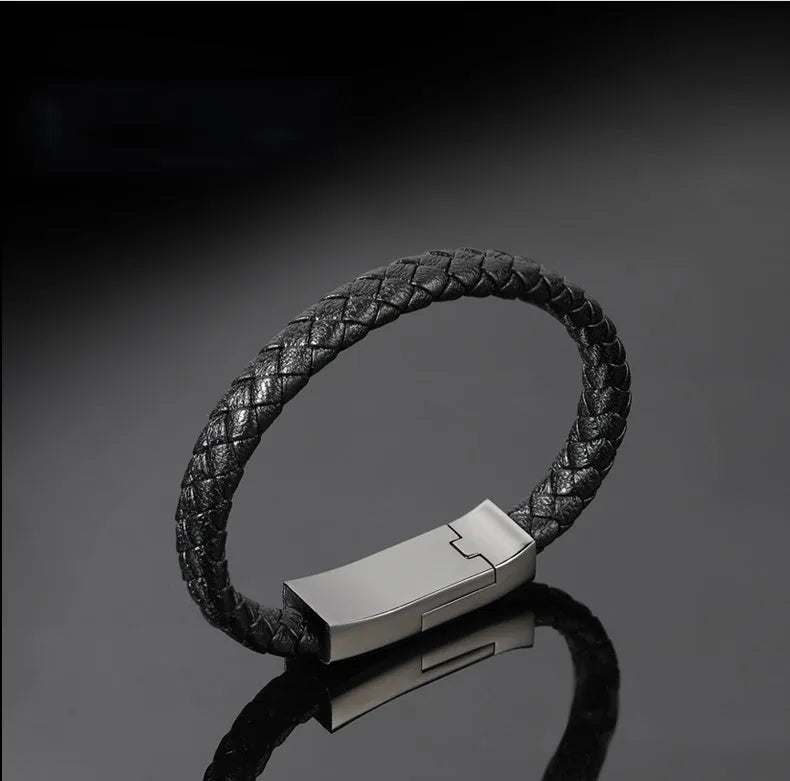 Brown leather bracelet with integrated 22.5cm charging cable and Micro USB connector