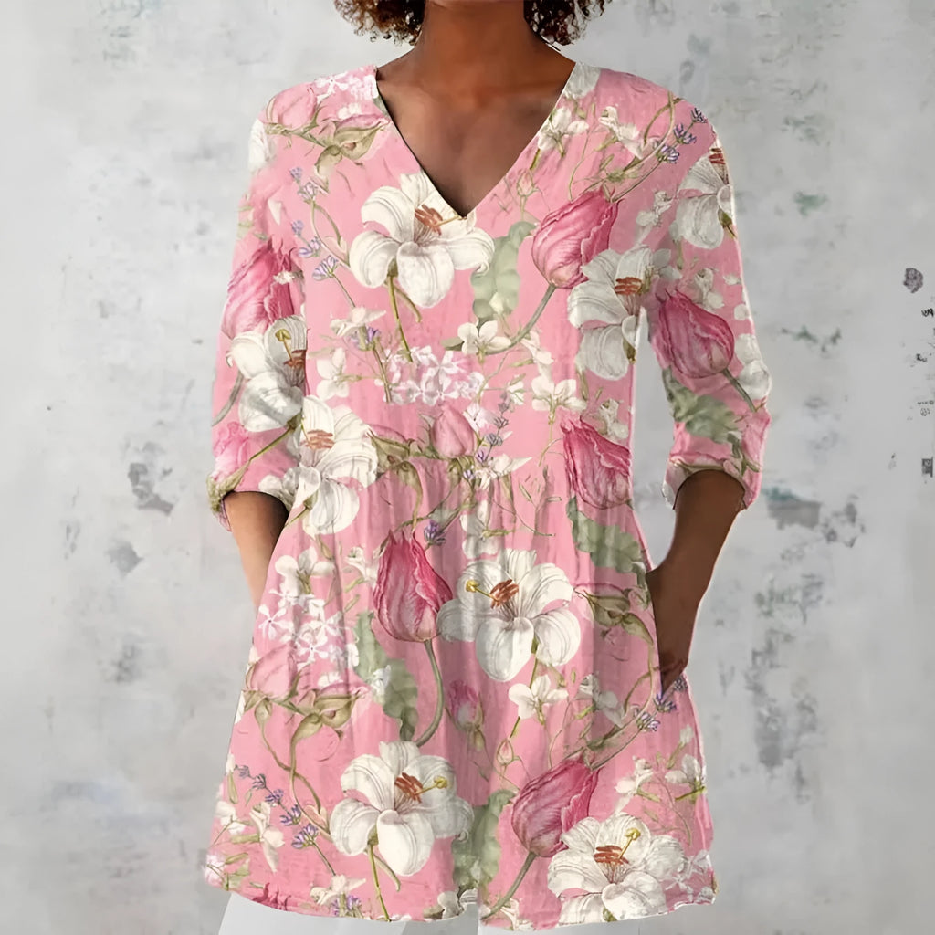 Women's slim-fit retro printed long-sleeved top in a solid colour on a hanger.
