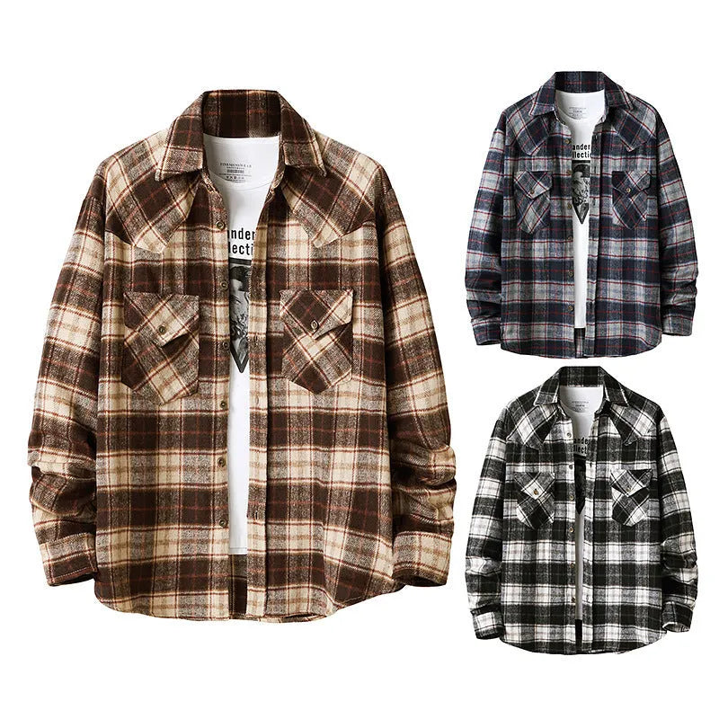 Men's long sleeve flannel plaid shirt jacket in loose fit, brushed material with corduroy collar and cuffs, black colour
