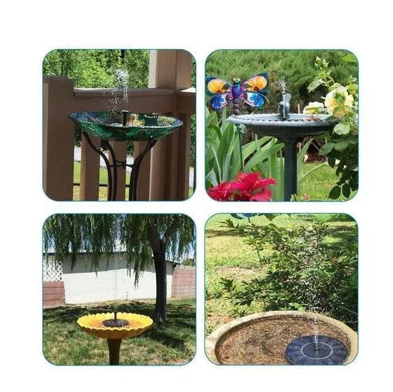 Black solar-powered water fountain pump with four spray nozzles, placed in a birdbath.