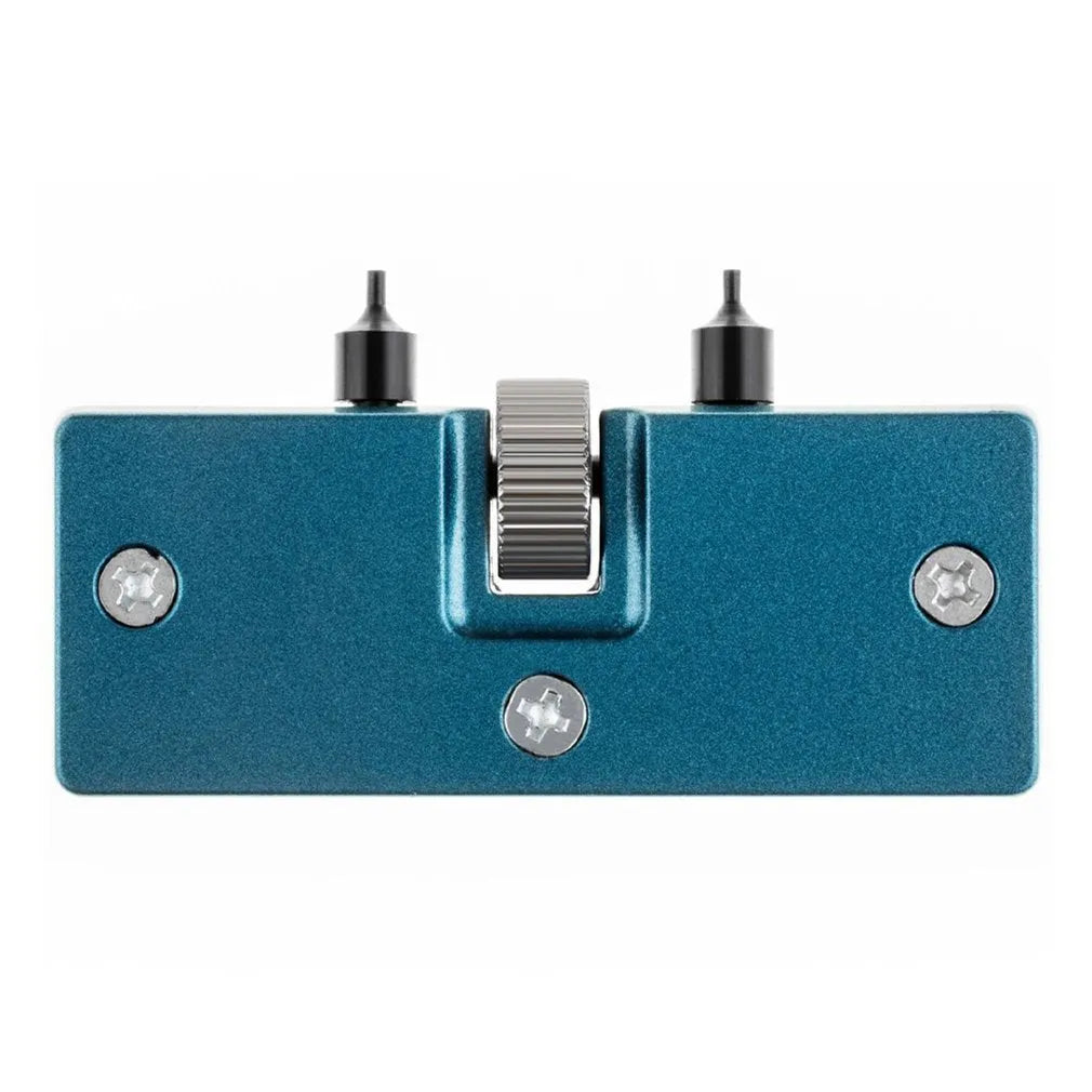 Yellow plastic watch repair case opener kit with mounting base and four positioning pillars
