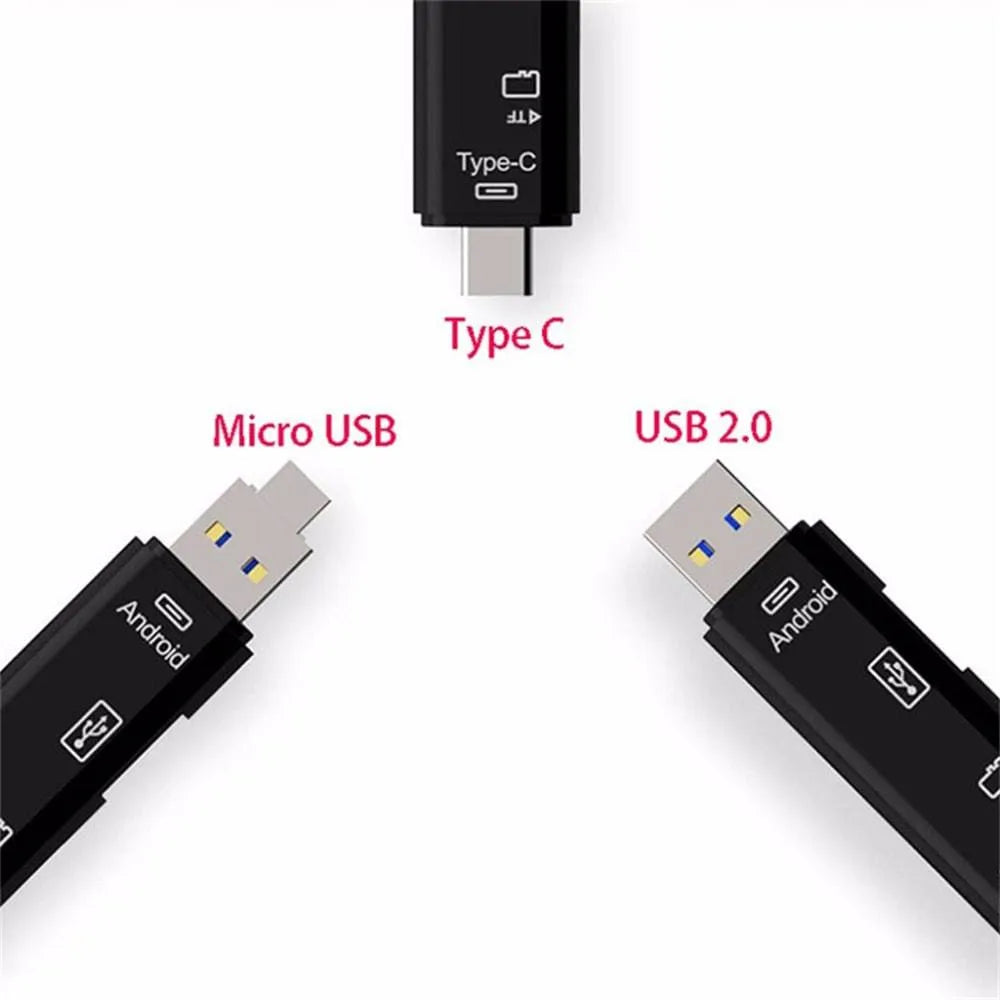 Black USB Type-C and Micro USB OTG adapter with TF card reader slot and USB port