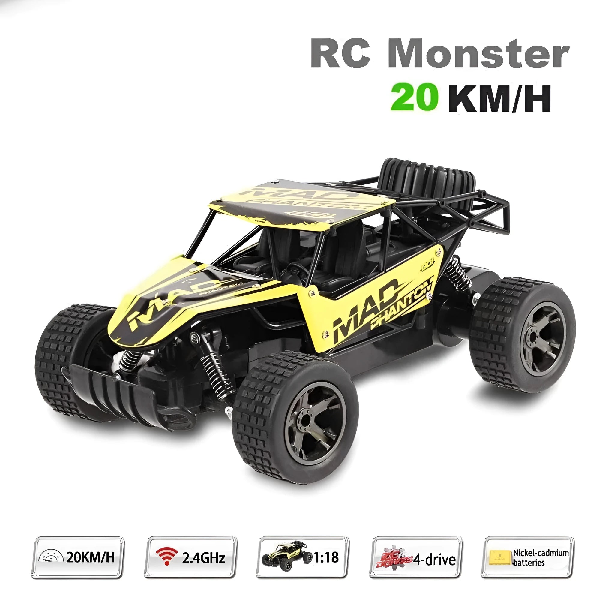 Blue 1:18 scale remote control drift car with 2.4GHz transmitter on a hard surface