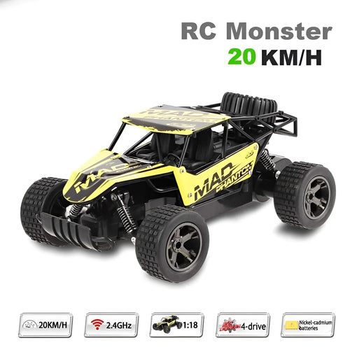 Blue 1:18 scale remote control drift car with 2.4GHz transmitter on a hard surface