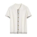 White short sleeve cardigan with dark contrast lapels on a model