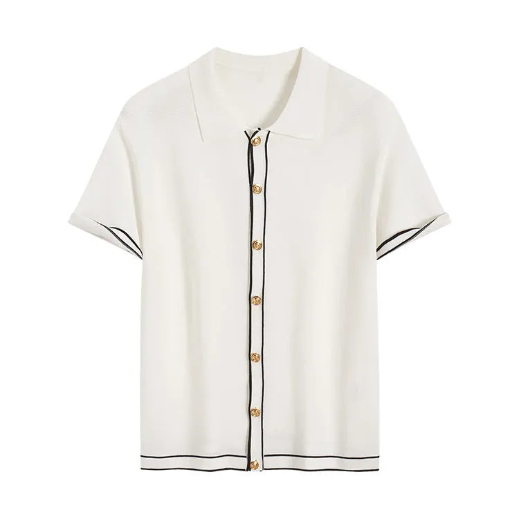 White short sleeve cardigan with dark contrast lapels on a model