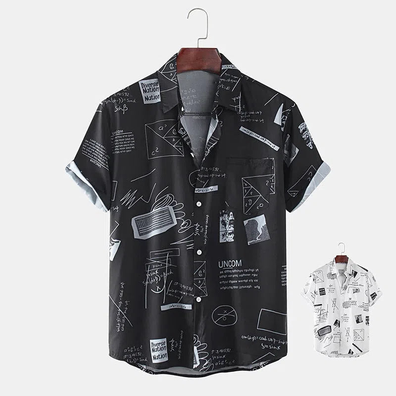 Men's cotton summer shirt with abstract cartoon slogan print, chest pocket, button-down design, in black and white