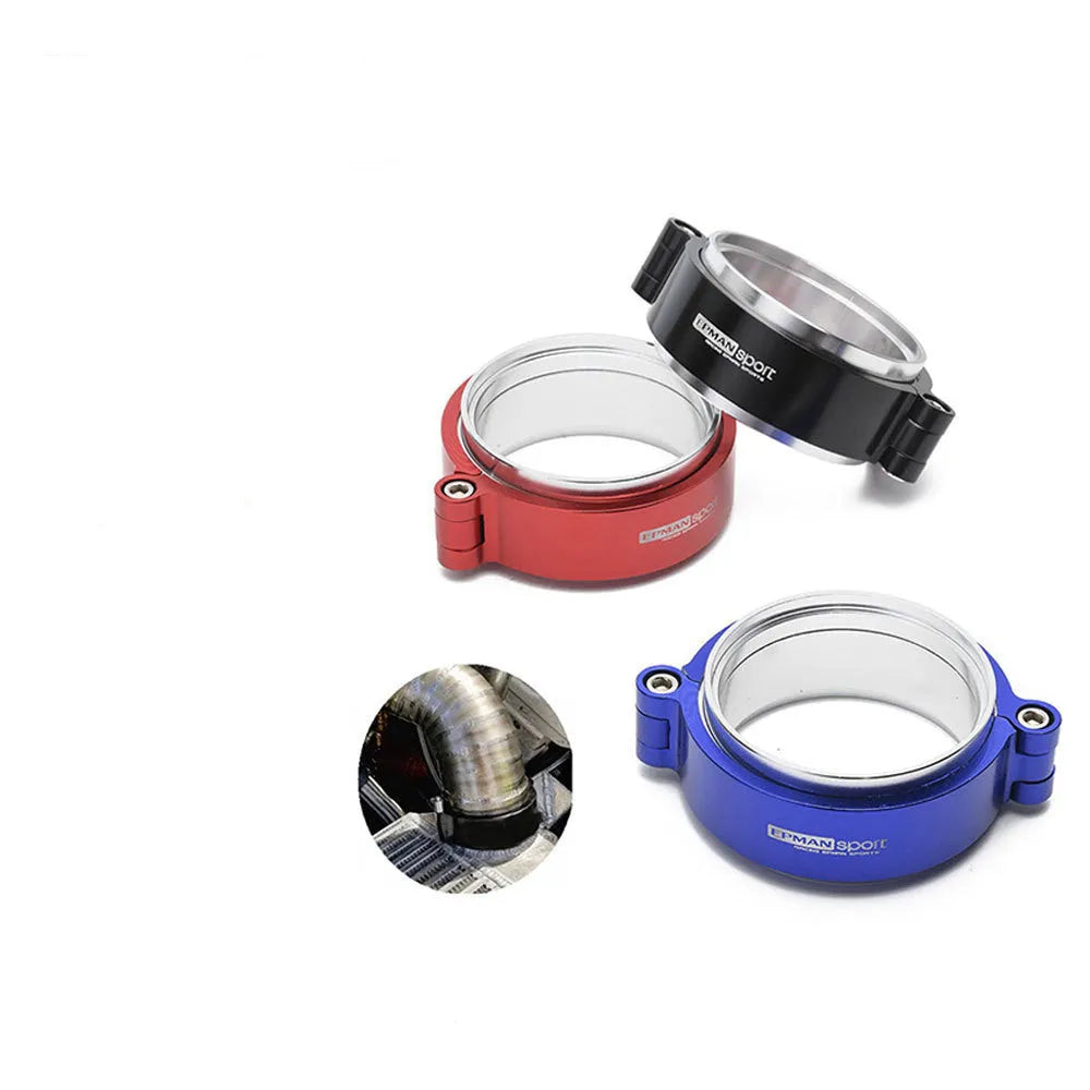 Aluminium car exhaust clamp in black on a 3-inch turbo downpipe