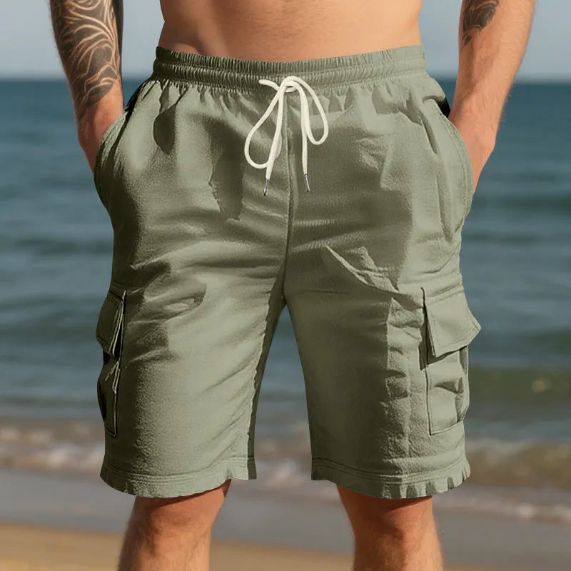 Men's cotton linen casual shorts with multiple pockets in loose fit straight leg design