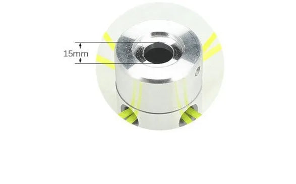 Silver aluminium lawn mower grass replacement head with four light yellow square cords, a wrench, and a gasket.