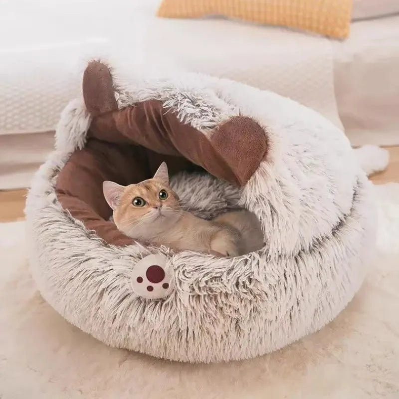 Round plush cat bed in brown or grey with non-slip rubber sole, available in 40cm, 50cm, 65cm and 100cm sizes