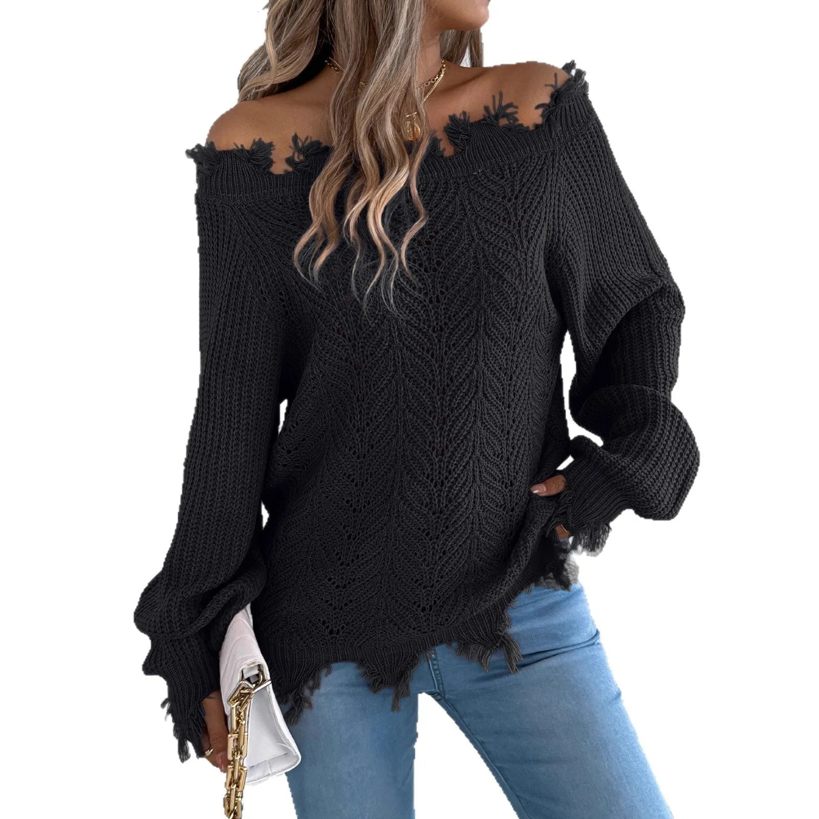 White hollow-out long-sleeved pullover sweater with an off-the-shoulder cut and regular sleeves on a hanger.