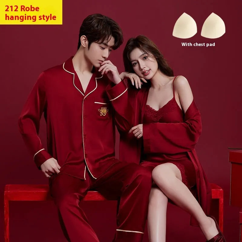 Red long sleeve polyester sleepwear set for a man and woman, presented as a wedding dowry gift.