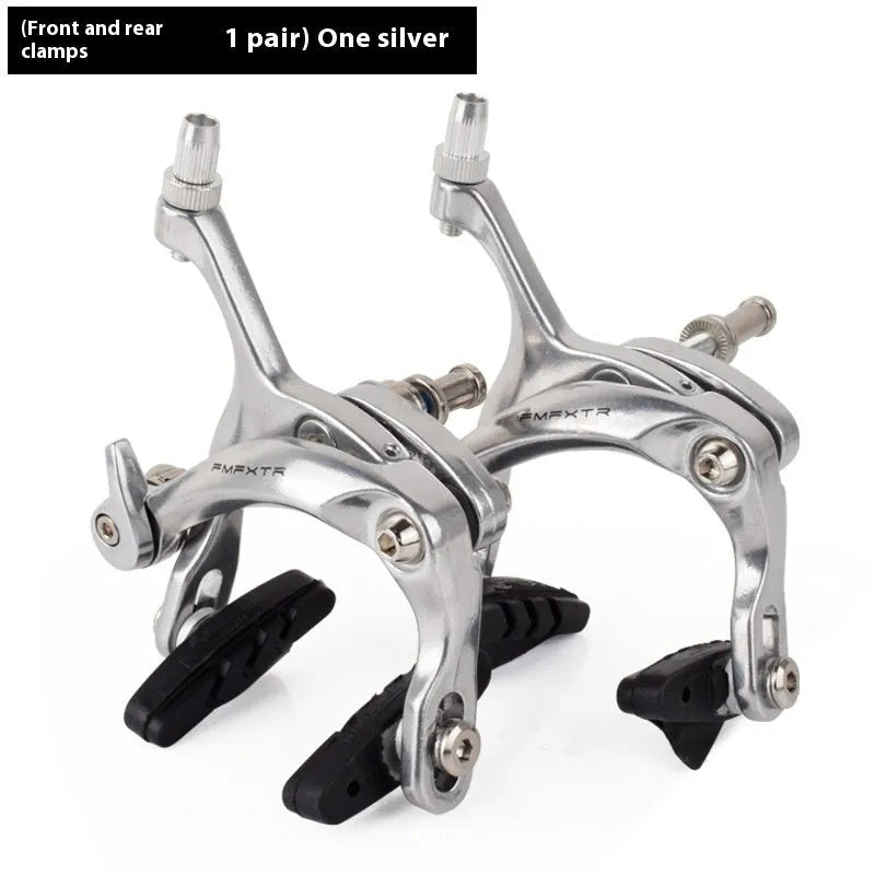Black and silver U-shaped metal bicycle brake clamps with mounting screws for road bike installation.
