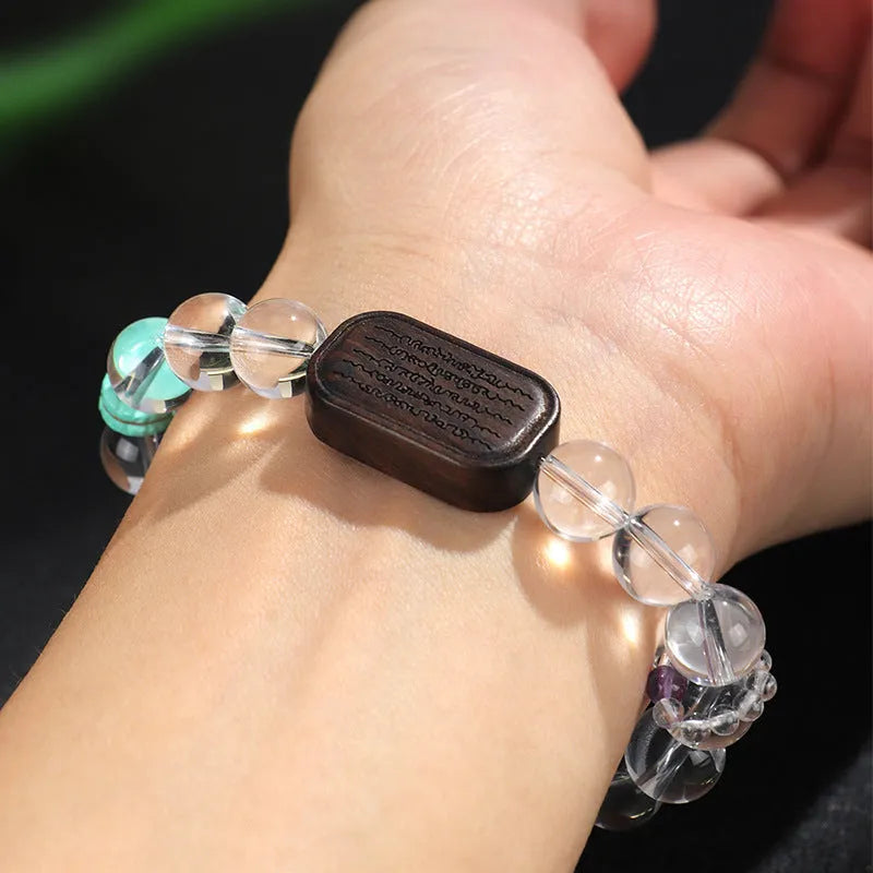 Handcrafted white crystal ebony five warp bracelet with ethnic design on blackwood