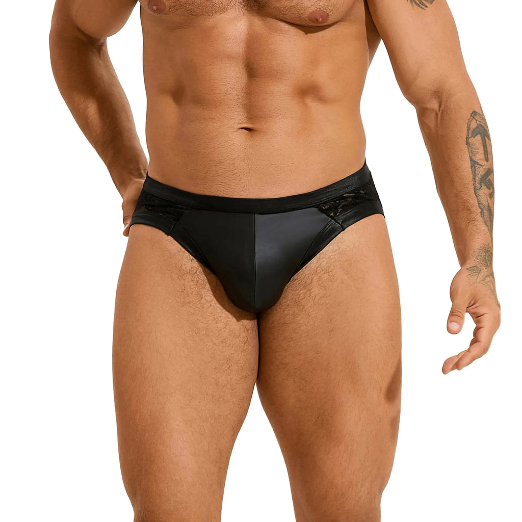 Black men's faux leather briefs with visible stitching and lace detailing on a solid background.