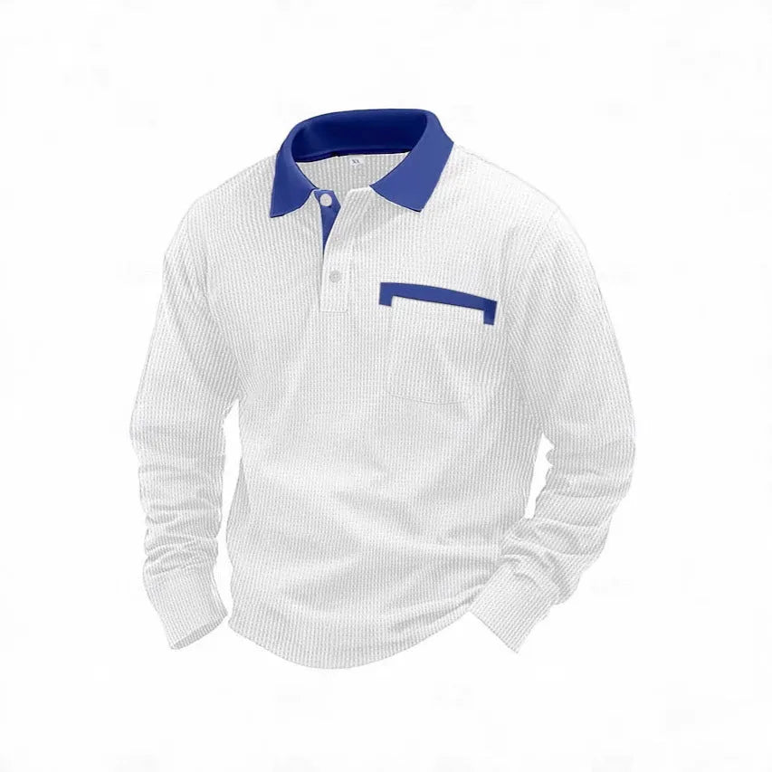 Men's long-sleeved waffle polo shirt in a solid colour with an asymmetrical retro style detail.