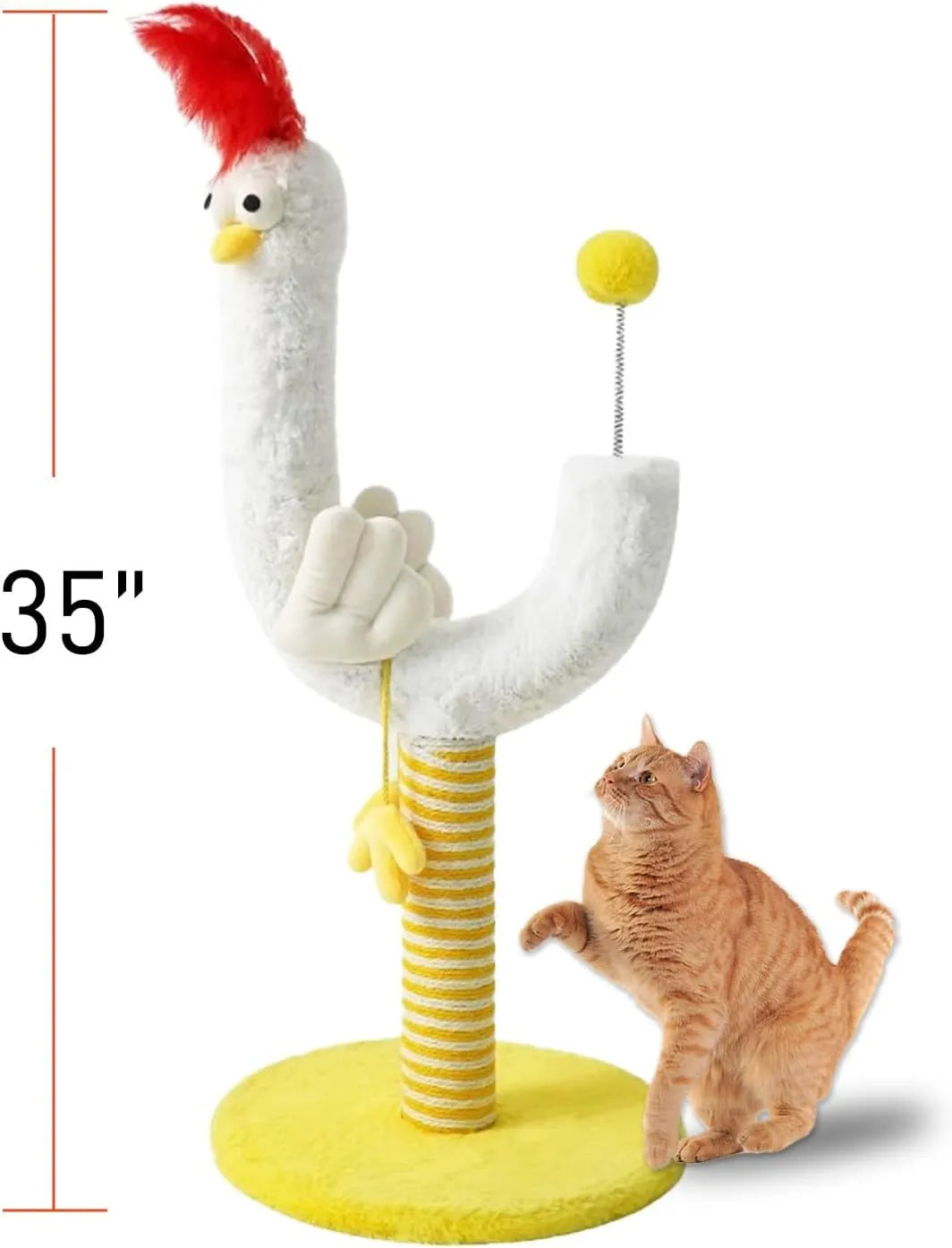 Tall yellow sisal cat scratching post with a spring ball on top and a sturdy wooden base.