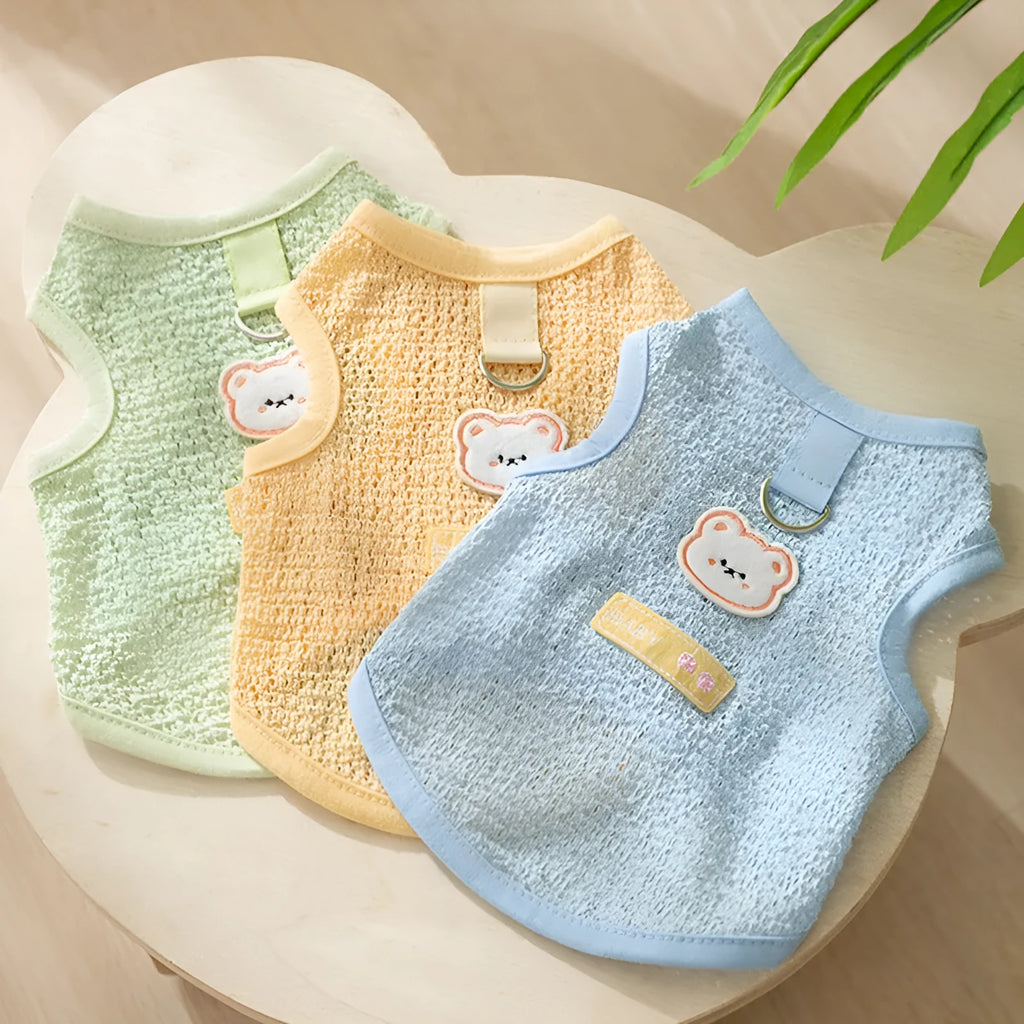 Cat wearing green knitted clothes with hollowed-out bear patch design