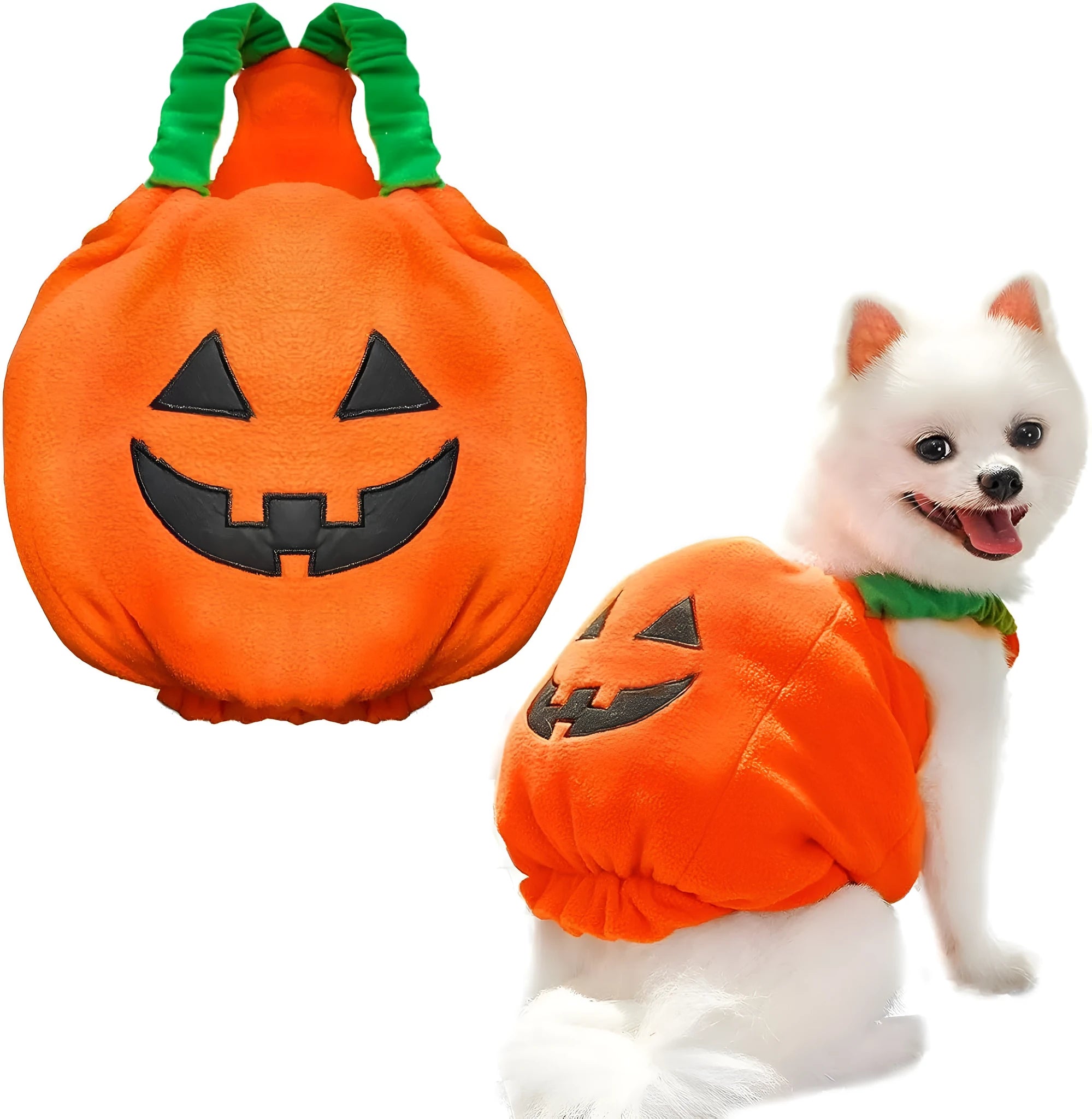 Orange pumpkin plush Halloween costume on small dog with pullover design and soft materials