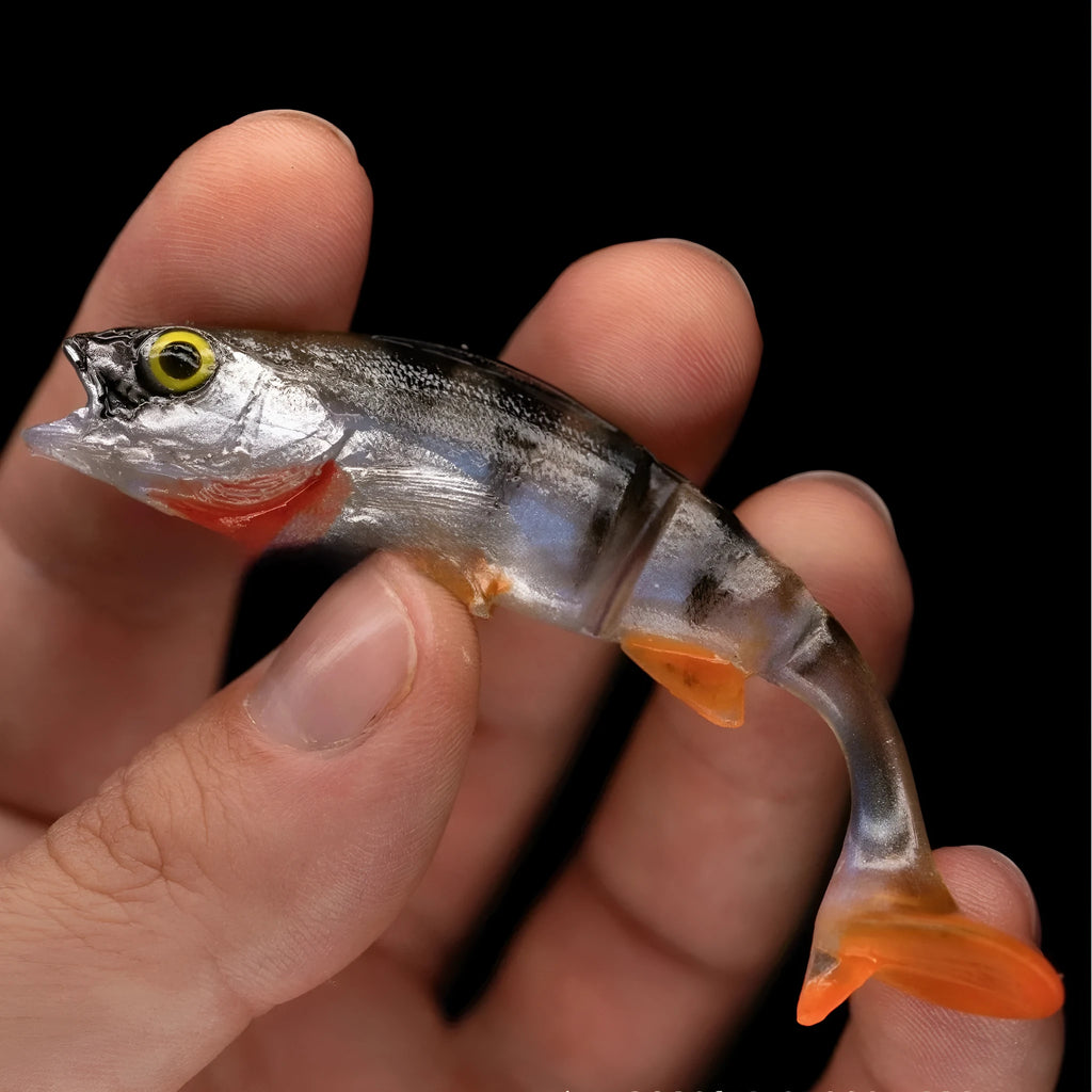 T-tail catfish scissors design soft fishing lure in fish colour.