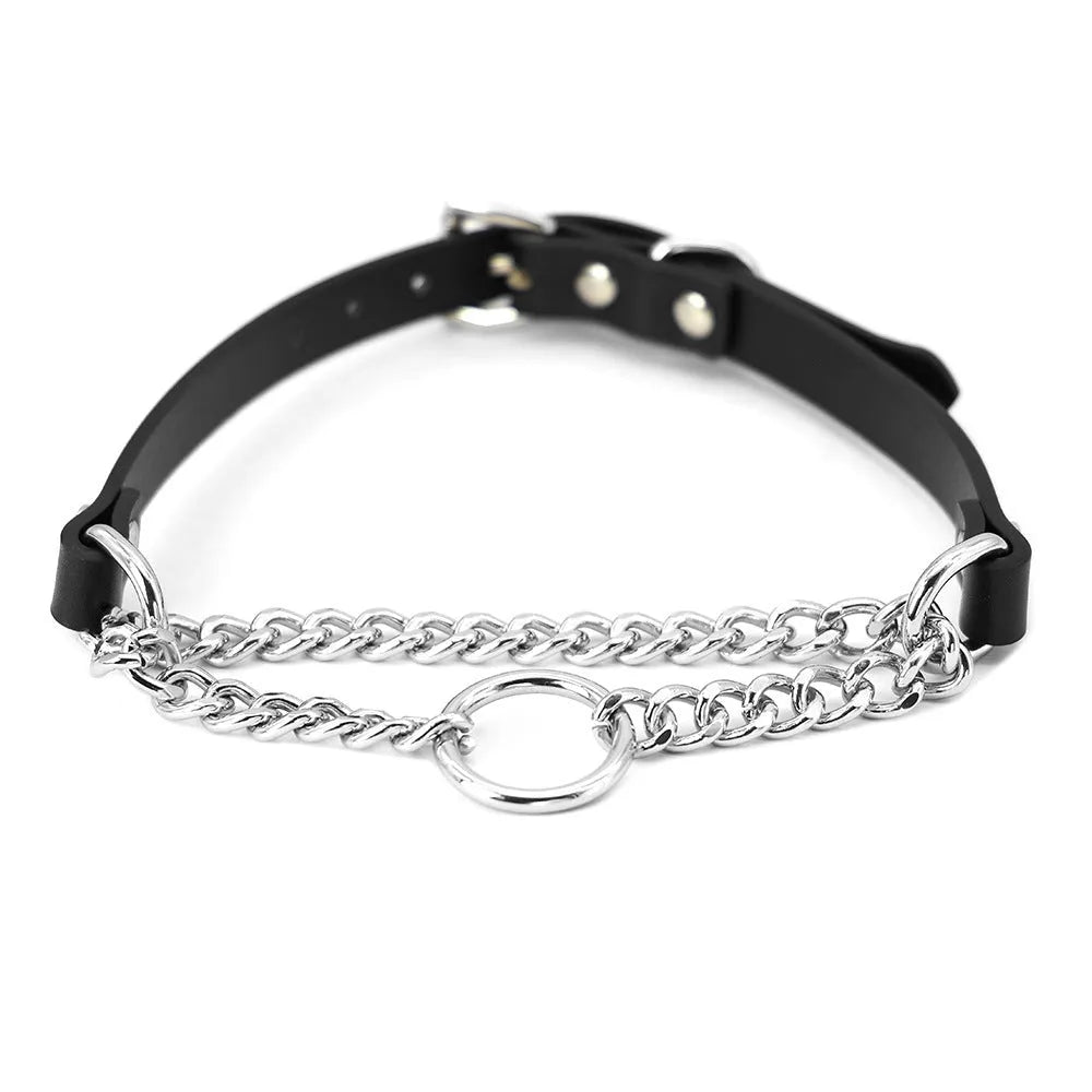 Black leather dog collar with chain tightening mechanism and matching leash