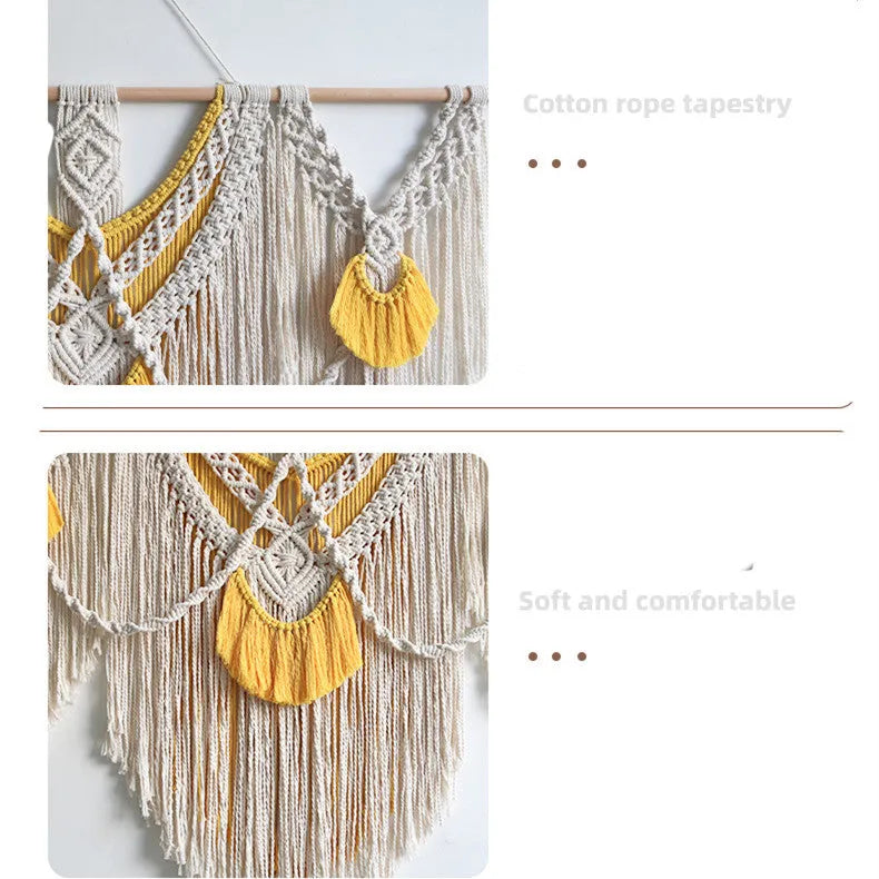 Hand-made creamy white and yellow cotton woven wall tapestry, rectangle 120cm by 95cm.