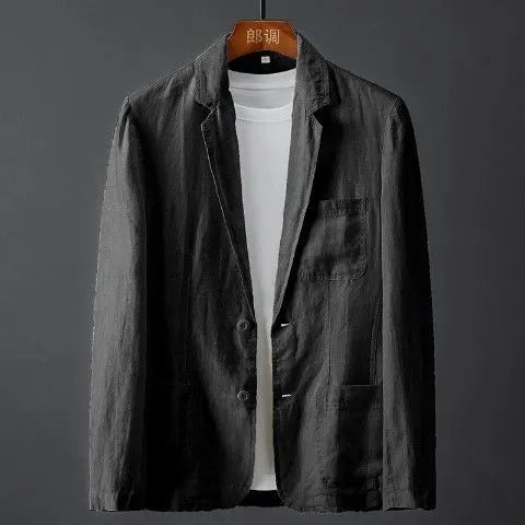 Men's slim fit linen-style coat in a solid colour with nine-point sleeves