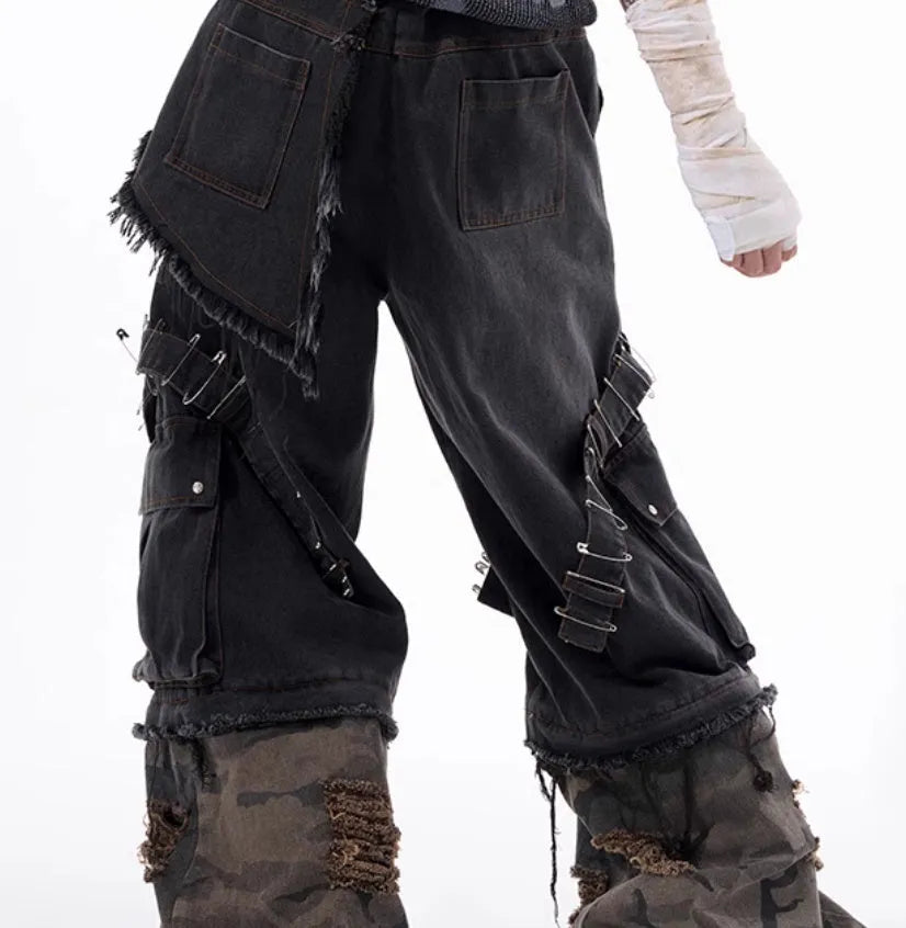 Men's grey camouflage pattern jeans with splicing structure and ribbon detailing