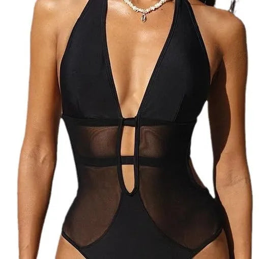Women's black V-neck mesh one-piece swimsuit for swimming sports