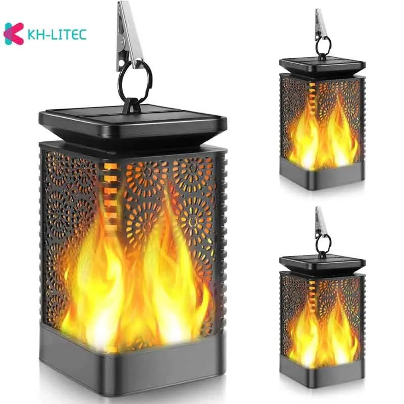 Black solar-powered hanging flame torch light for garden and patio decoration