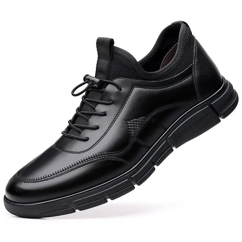 Black men's casual leather shoes with round toe and square low heel on a rubber sole.