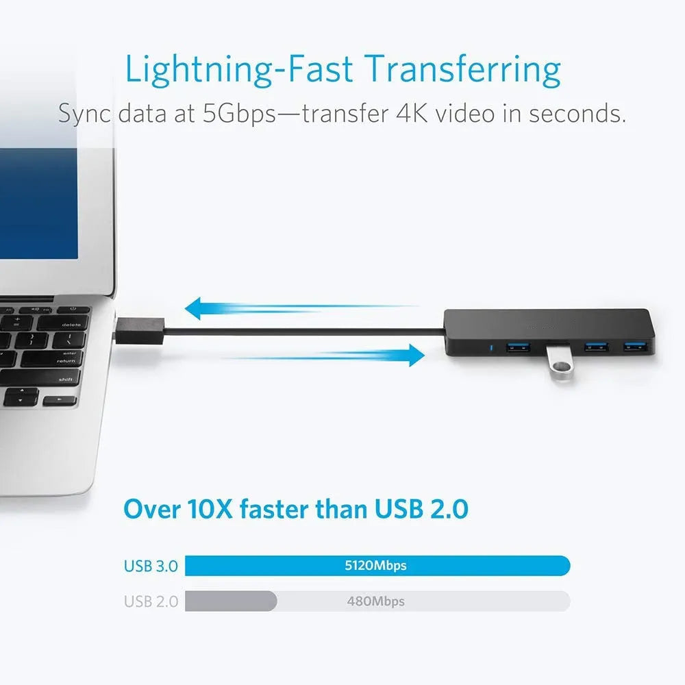 Black USB 3.0 hub with four ports and a 30 cm attached cable on a desk.