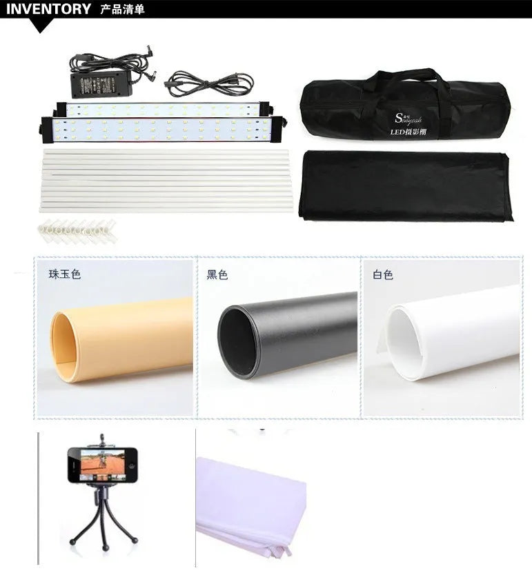 60cm LED photo studio box kit in black with foldable tent, built-in light panel, and backdrop for product photography